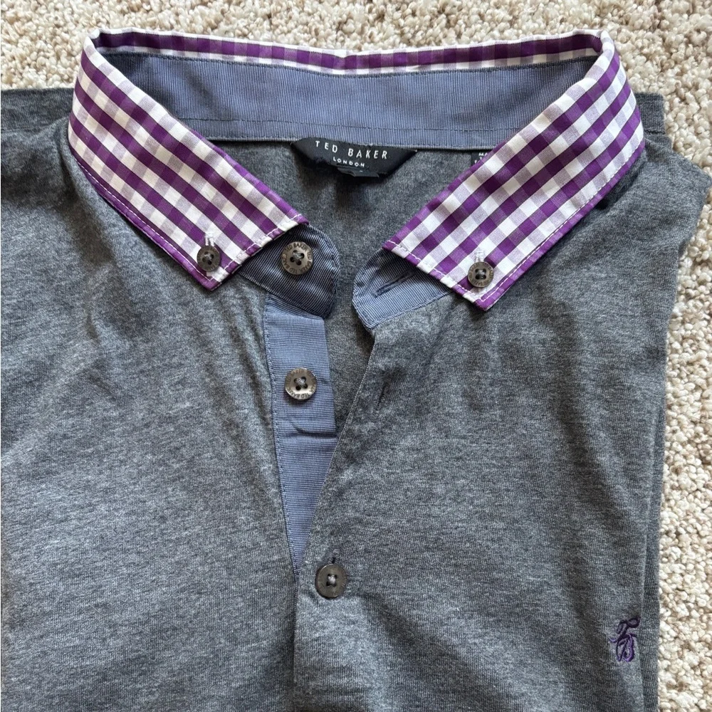 TED BAKER LONDON Men’s Polo Charcoal Gray Gingham Button-down Collar Size 5 - Picture 2 of 10